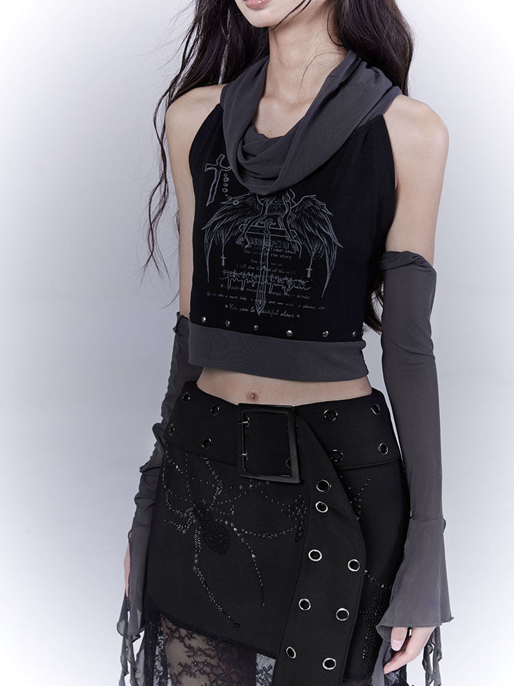 A draped gray cowl neckline frames the winged cross graphic on this black crop top, with a row of studs above the gray hem band.
