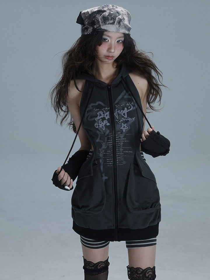 Black long sleeveless hooded top with a full front zipper, gray graphic lettering, open sides at the waist and two large gathered pockets.