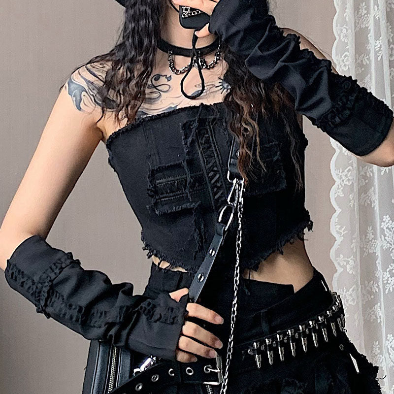 Black fingerless arm warmers with gathered folds and raised ruffled bands extending along the forearms and over the backs of the hands.