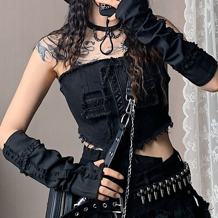 Black fingerless arm warmers with gathered folds and raised ruffled bands extending along the forearms and over the backs of the hands.