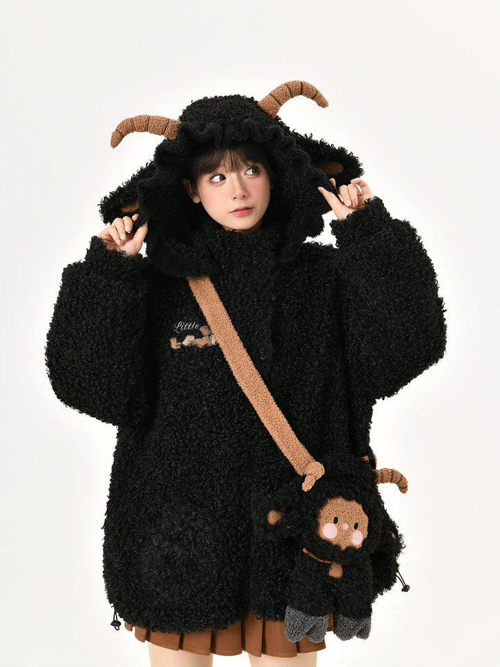 Oversized black sherpa fleece jacket featuring a cute sheep hood with 3D horns, ruffled trim, and a matching plush lamb crossbody bag.