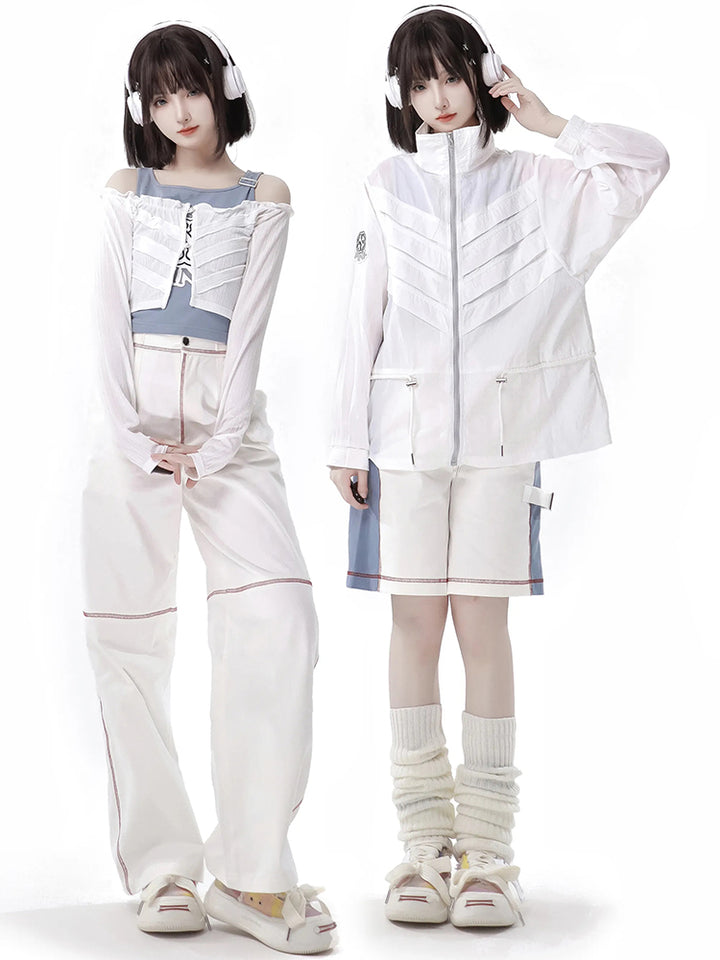 White Techwear Tank Set with Optional Jacket / Shorts / Futuristic Wide Leg Pants