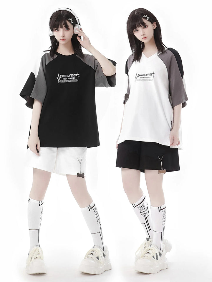 Letter Print and Cute Pendant Detail Colorblock Streetwear T-Shirt / Shorts
