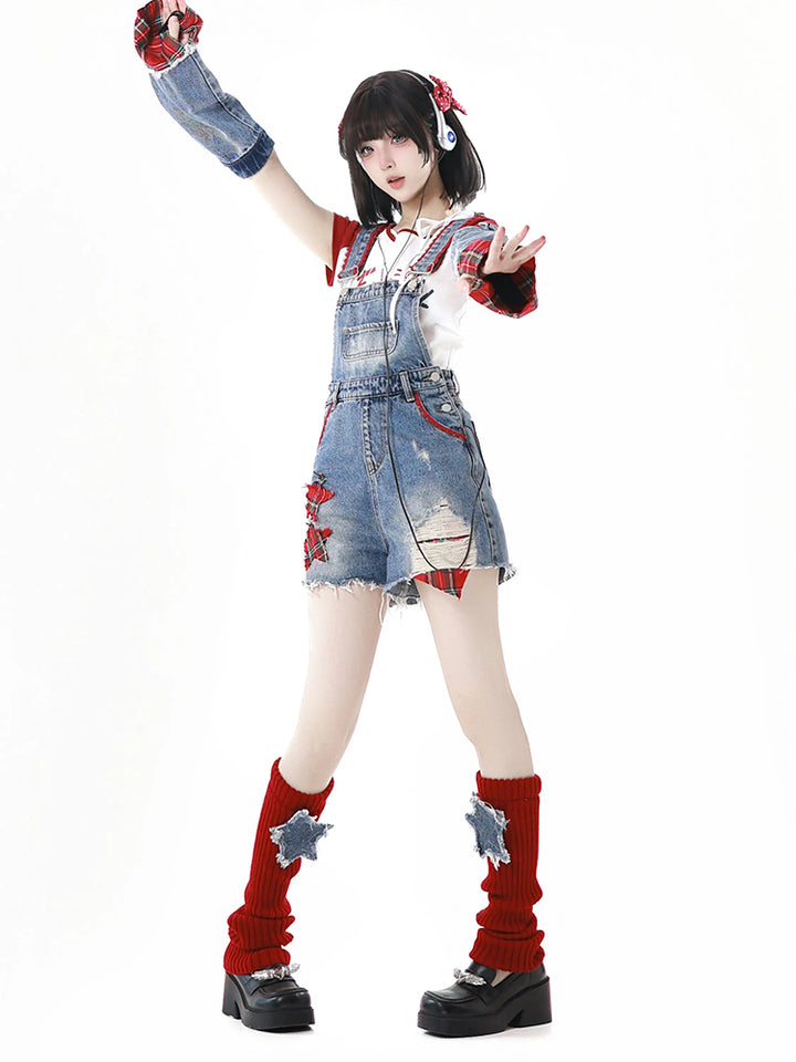 America Style Playful White T-Shirt / Denim Overalls / Red Leg Warmers