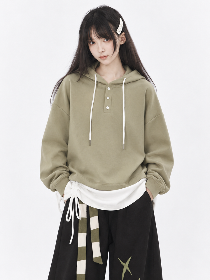 Layered Hem Henley Hoodie
