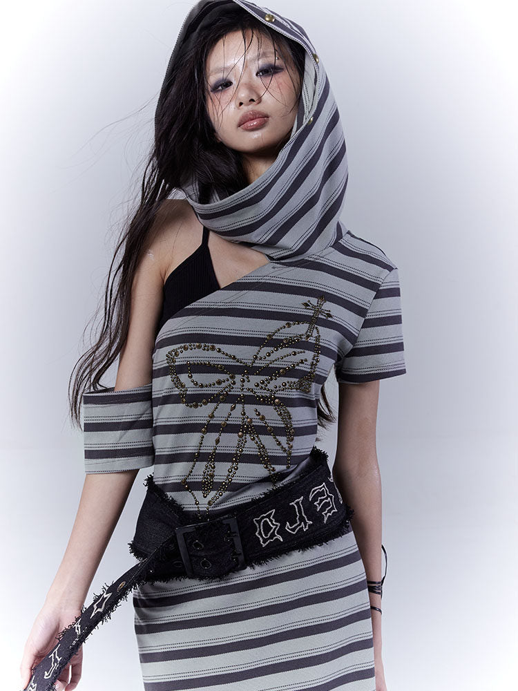 Gray-and-black striped hooded dress with an asymmetric shoulder opening and a large studded bow motif across the front.