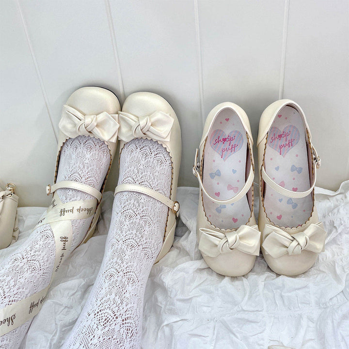 Beige Lolita Round-Toe Bow Shoes