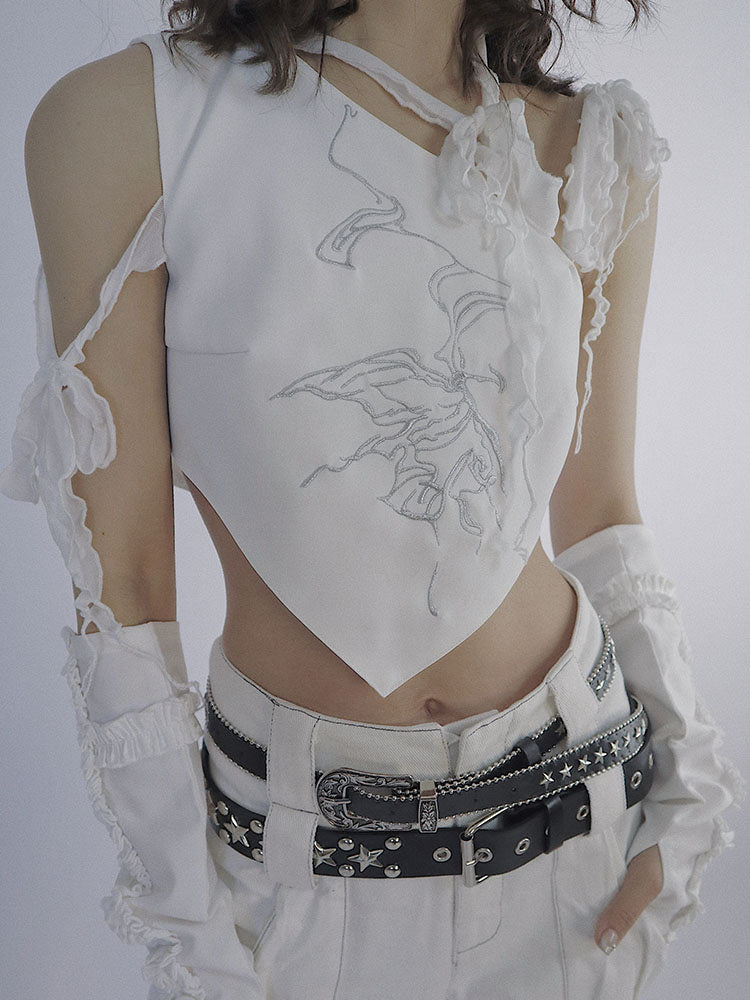 White crop top with an asymmetric neckline, a gray line-art graphic across the front, and a pointed hem dipping toward the waist.