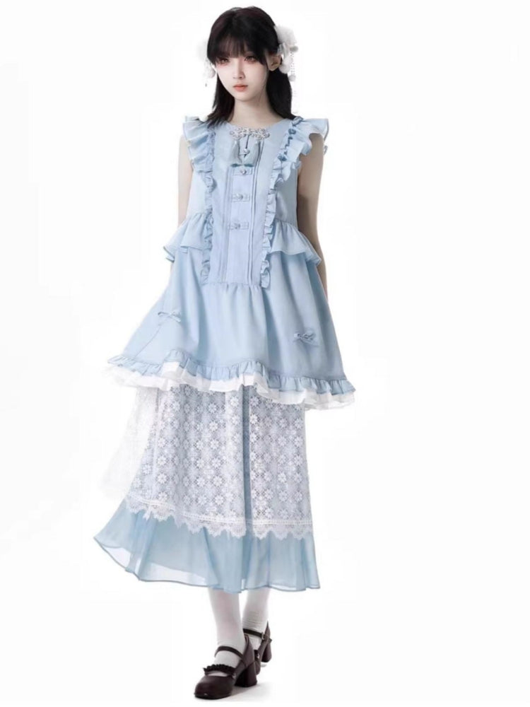 Light blue fusion layered design shirt dress skirt